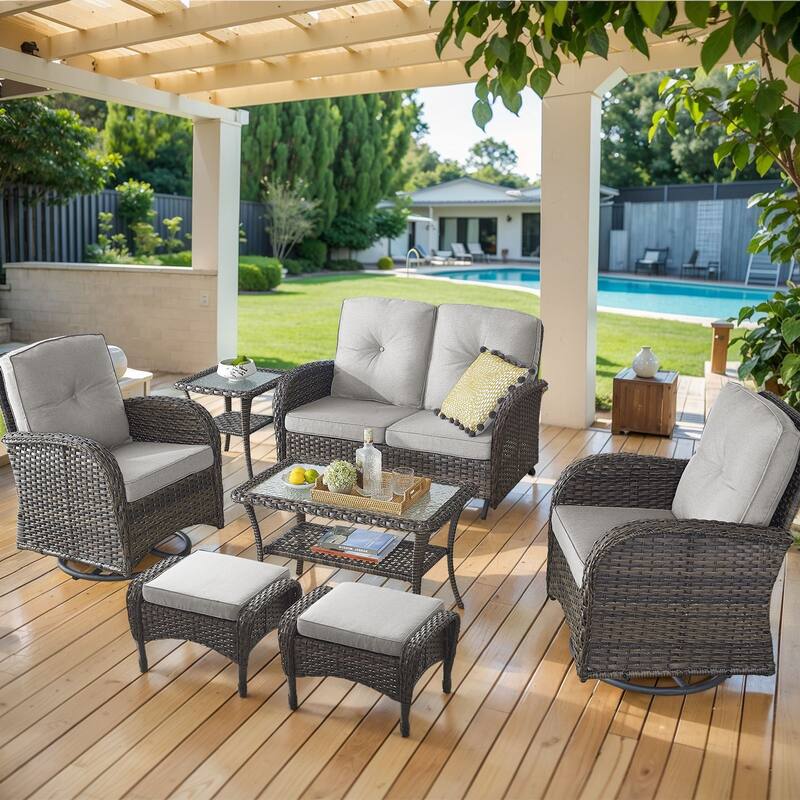 Outdoor Glider Sofa with Swivel Chairs Ottoamns and Table - Brown - Beige