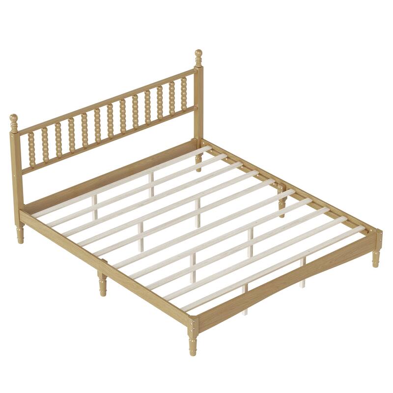 King Size Wood Platform Bed with Gourd Shaped Headboard,Retro Style Platform Bed with Wooden Slat Support, Natural