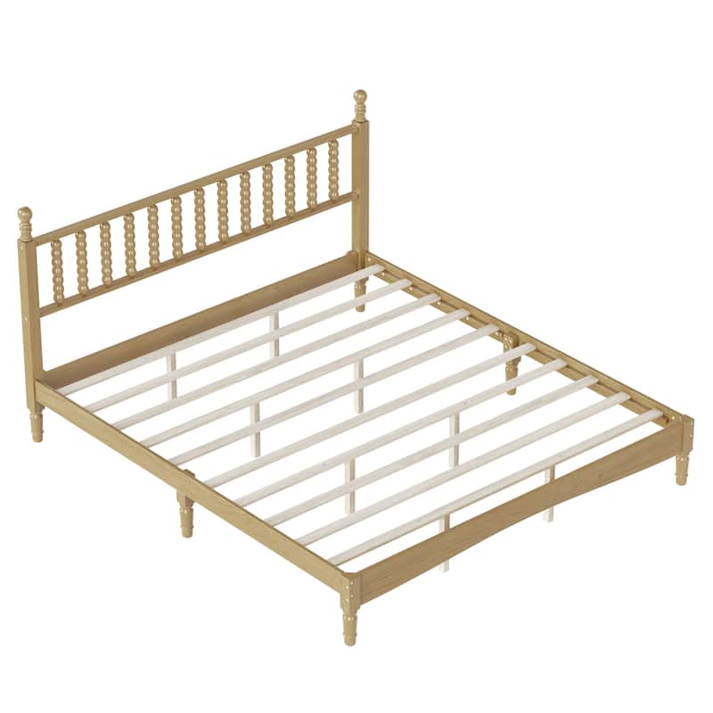 Walnut Platform Bed Mid Century Concise Bed Frame with Wood Slats and Multi-Center Support Legs, Gourd Shaped Headboard