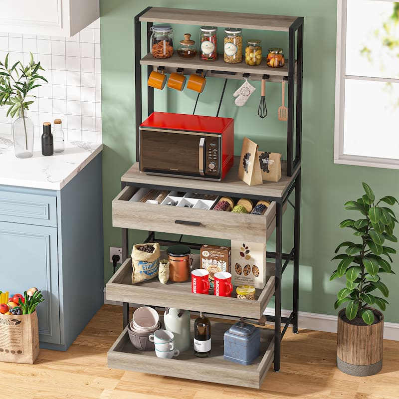 5-Tier Kitchen Bakers Rack with 4 Power & USB Outlets, Microwave Stand with Drawers and Shelves