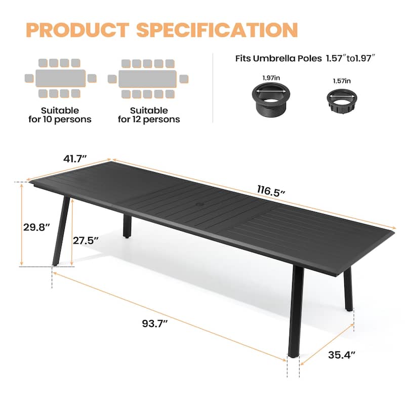 Pellebant Outdoor Aluminum Dining Table with Umbrella Hole for 6-12 Person