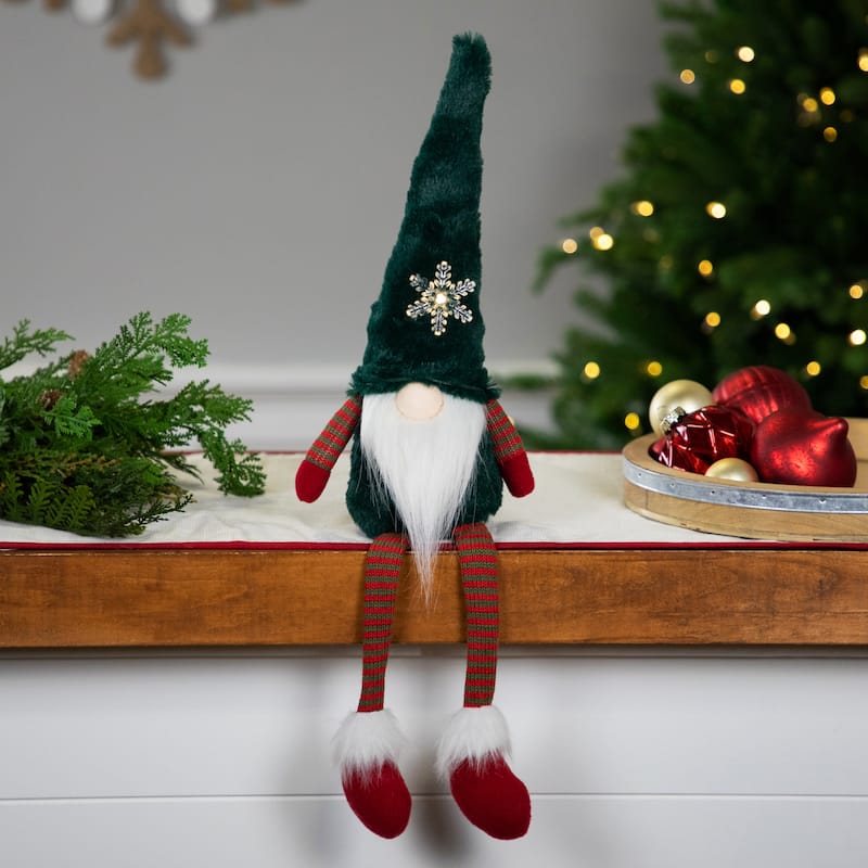 LED Lighted Sitting Gnome with Snowflake Christmas Figure - 13" - Green - 22"