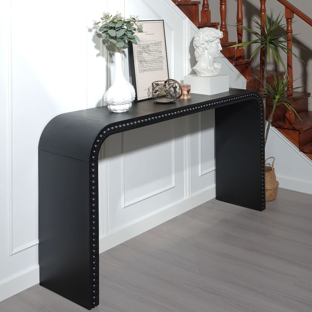 Wood Console Table with Wood Beads, Hallway Entryway Table, Curved Waterfall-style Accent Table