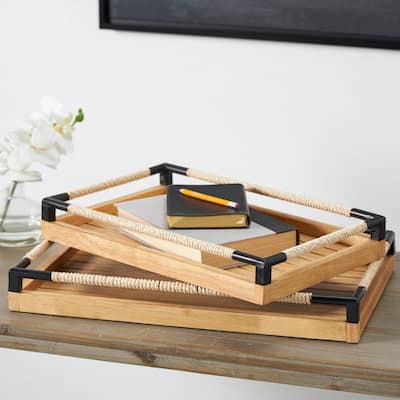 Brown Wood Slatted Living Room Decor Tray with Elevated Woven Sides and Black Metal Corners (Set of 2)