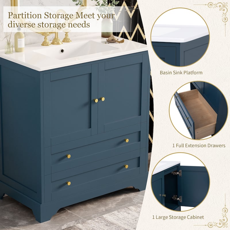 GDFStudio - Briarcrest Modern Freestanding Bathroom Vanity with Ceramic Sink & Soft Closing Doors - 30'W