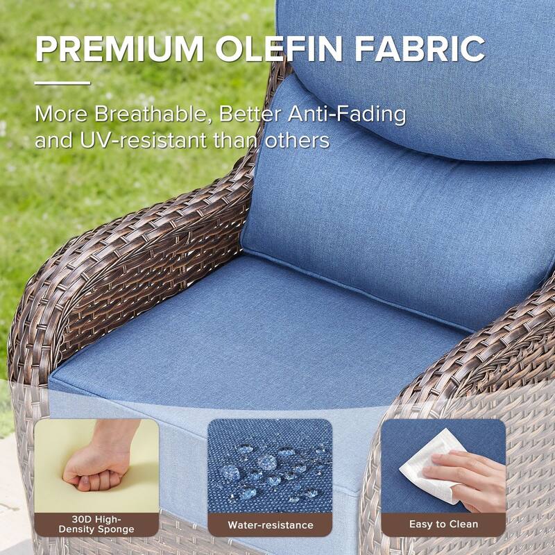 Gymojoy 7-Piece Wicker Patio Furniture Sofa Set with Fire Pit Table, 6-Inch Thick Cushion Swivel Glider Chairs & Ottomans