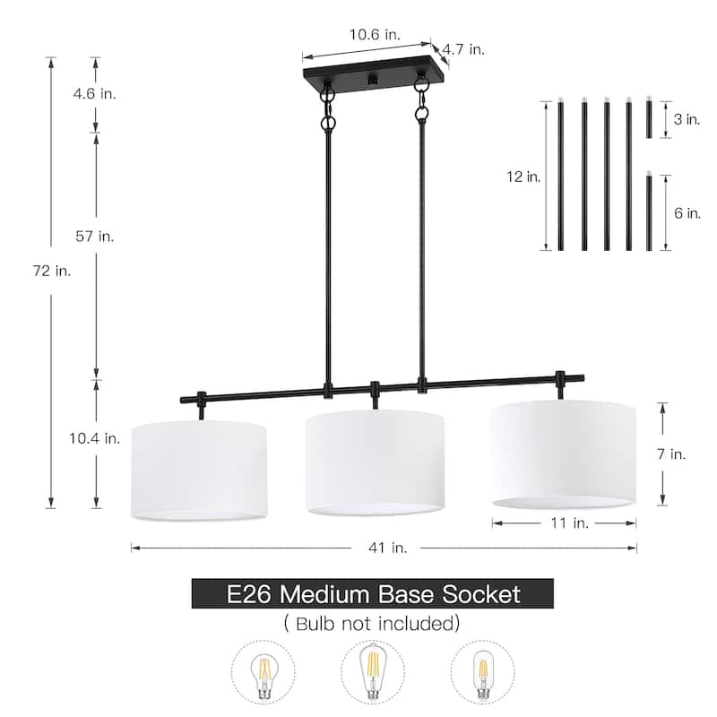 Sedgy 3-Light Black Kitchen Island Chandelier Pendant - 41'' W