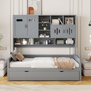 Wooden Platform Daybed with Twin Size Trundle, Bookcase Storage Bed with All-in-One Cabinet and Shelf