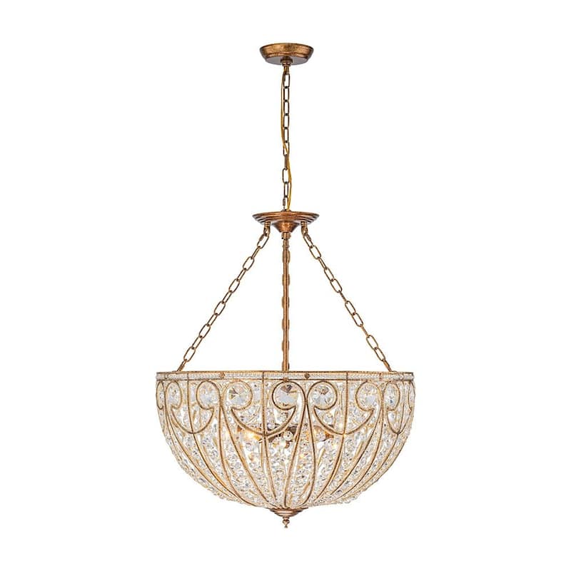 Spanish Antique Gold Bronze Crystal Accented Basket Cage Chandelier