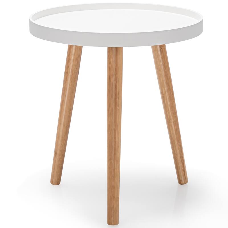 Round Side Table End Table with Wooden Tray Sturdy Sofa Beside Table - White+Natural
