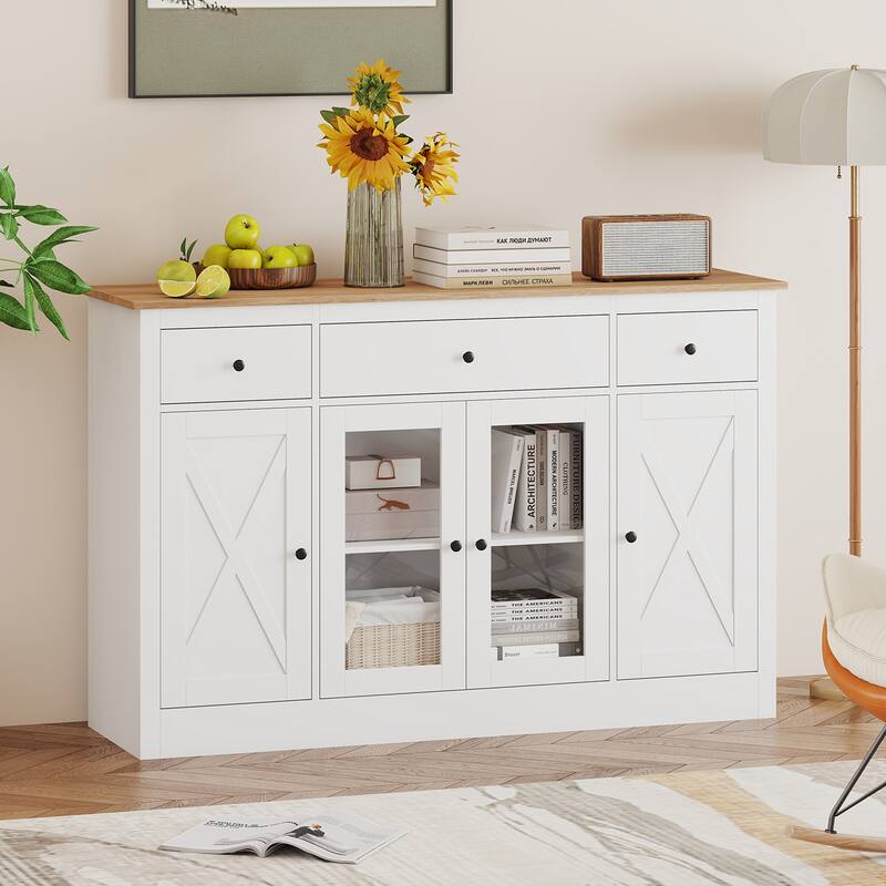 Gymax 55'' Large Buffet Sideboard w/ 3 Drawers 2 See-through Doors