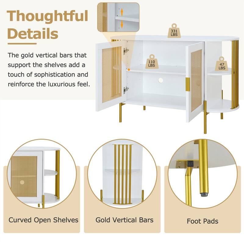 Elegant Curved Buffet Cabinet with 2 Woven Rattan Doors, Sideboard Accent Storage Cabinet with Storage Shelves & with Gold Trim