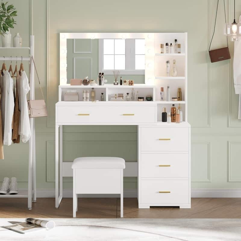 Vanity Desk with Mirror & 9 LED Lights - 5 Drawers and 3 Open Shelves