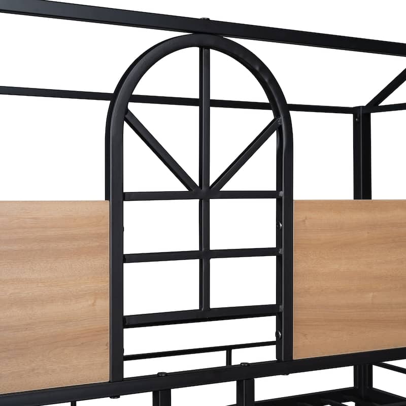 Twin Over Twin Metal Bunk Bed ,Metal Housebed With Slide,Three Colors Available.(Black with Black Slide)