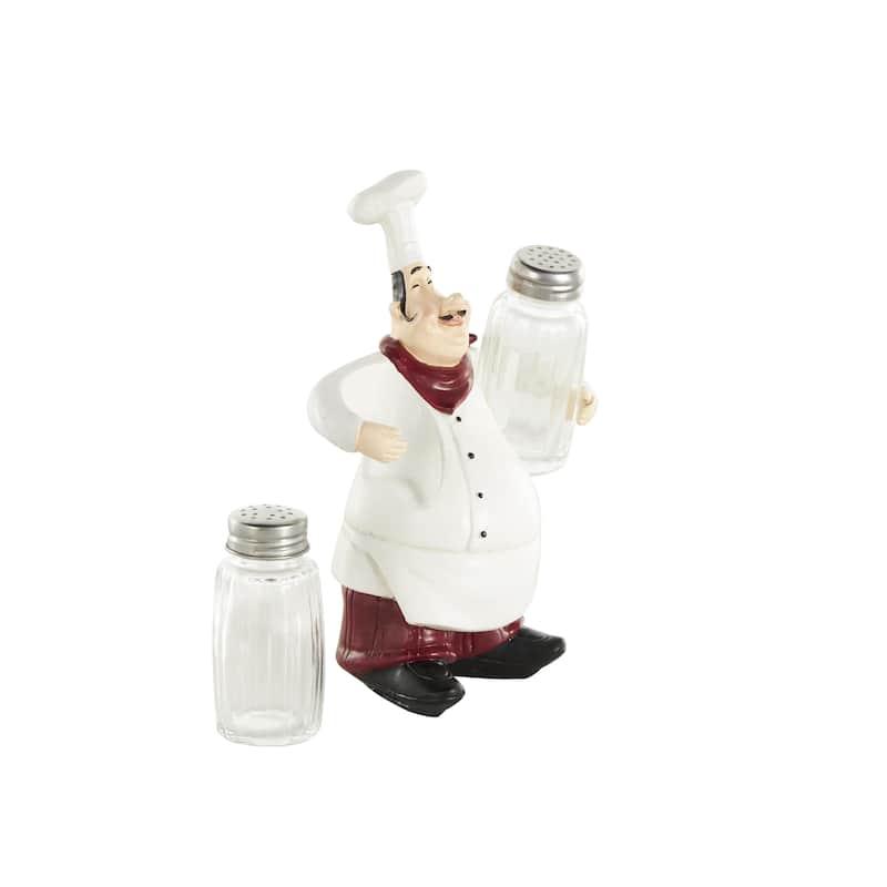 Polystone Chef Figurine Salt and Pepper Shaker Holder with Red Accents - White - Roche River Decor
