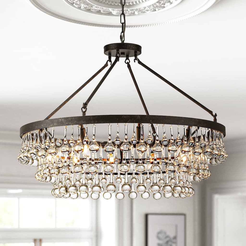 10-Light 31.5" Modern Glam Distressed Black Round Crystal Chandelier for Living Room 3-Tier Large Pendant Lighting