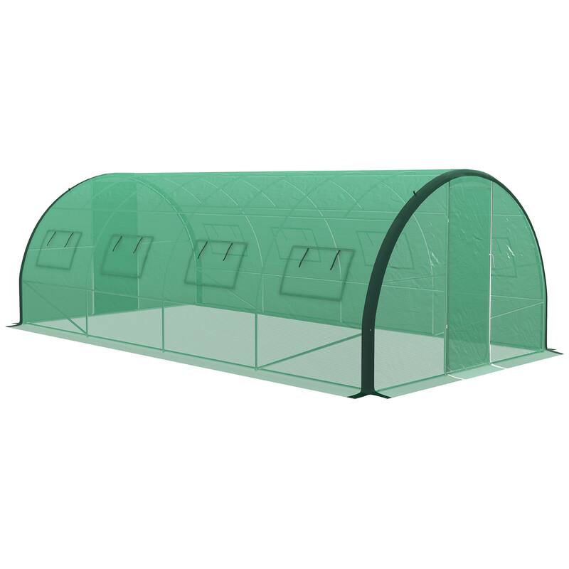 Outsunny 19.7' x 10' x 6.6' Walk-in Tunnel Greenhouse with Upgraded Structure, Outdoor Green House with 2 Hinged Doors