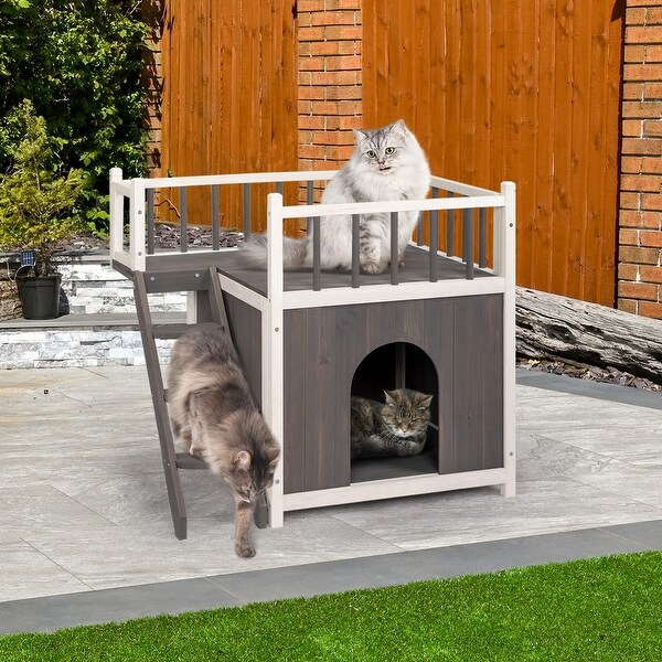 2-Story Wooden Feral Cat House Doghouse for Outdoor and Indoor