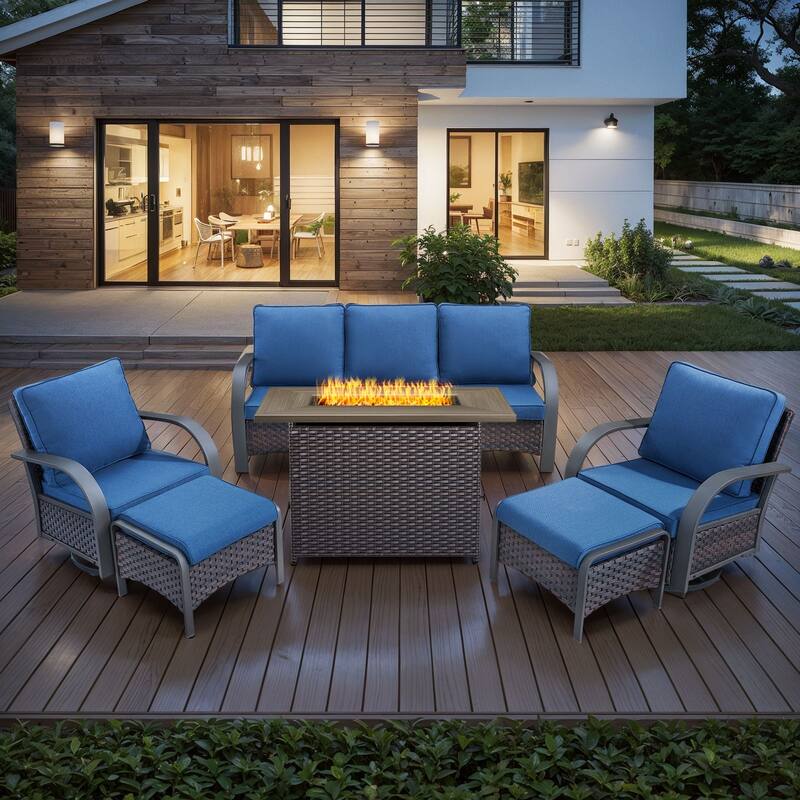 6 Pieces Patio Sofa with Fire Pit Table, Swivel Chair Ottoman - Blue - Brown