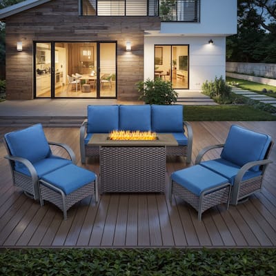 6 Pieces Patio Sofa with Fire Pit Table, Swivel Chair Ottoman