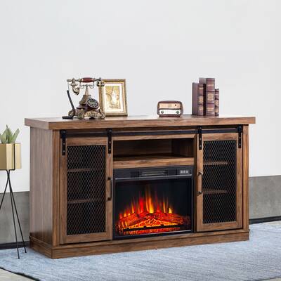 Rustic 58-inch Fireplace TV Stands Barn Door Console Table with 7-shelves