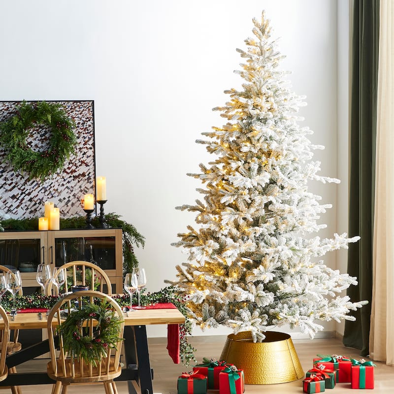 Glitzhome 6FT/7.5FT/9FT/11FT Snow Flocked Pre-lit Artificial Fir Christmas Trees