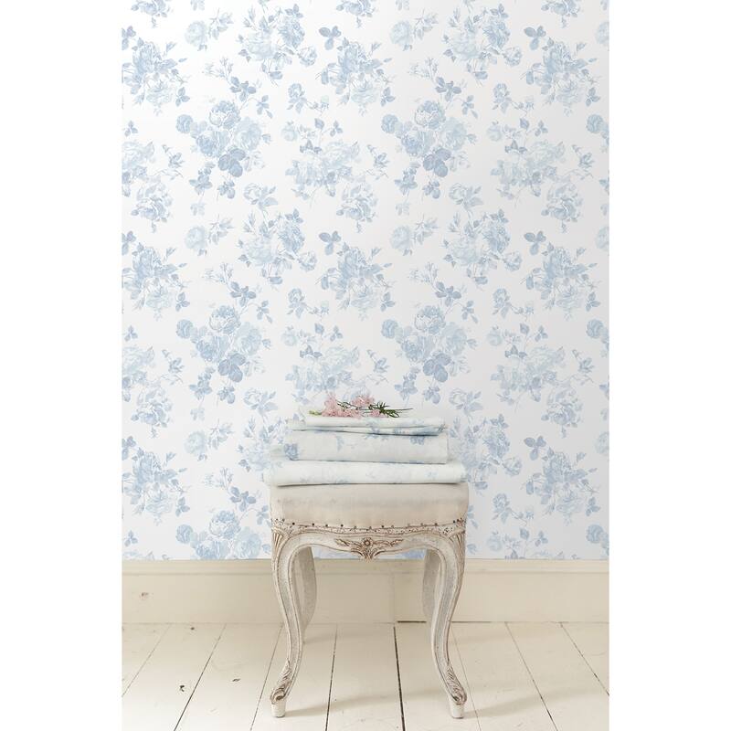 LoveShackFancy Everblooming Rosettes Blue Bella Ribbon Peel and Stick Wallpaper