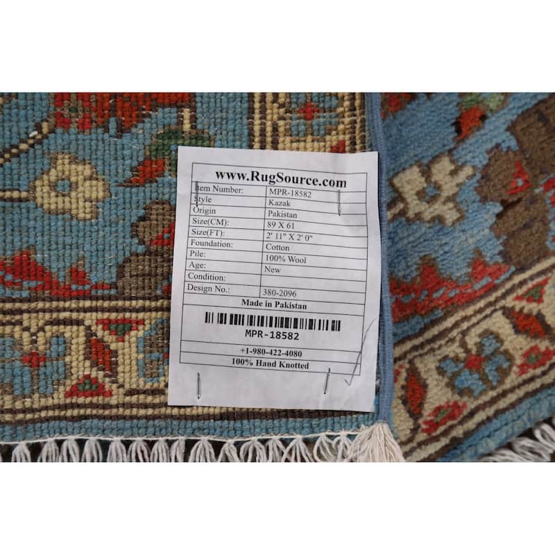 Light Blue Kazak Oriental Foyer Rug Hand-Knotted Floral Wool Carpet - 2'0" x 2'11"