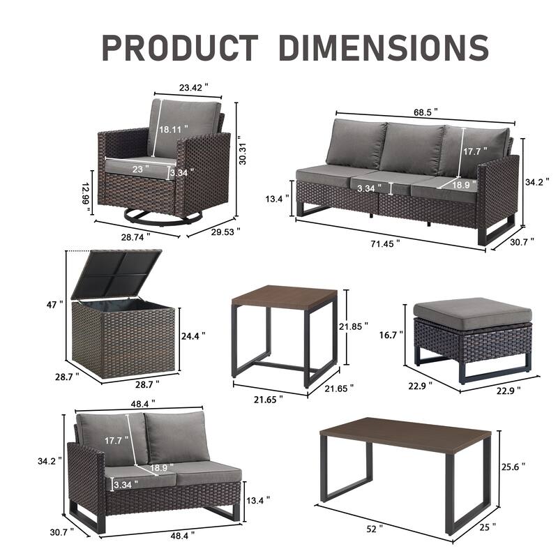 Gymojoy 6-8 Person All-Weather Wicker Outdoor Conversation Set Seating Group With Swivel Chairs And Ottomans