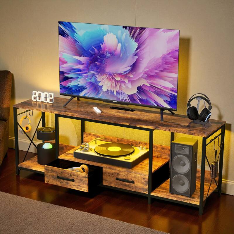 63" LED TV Stand with Power Outlets & Fabric Drawers, Modern Media Console for 65-75 Inch TV with Storage Shelves - Light Brown Multi