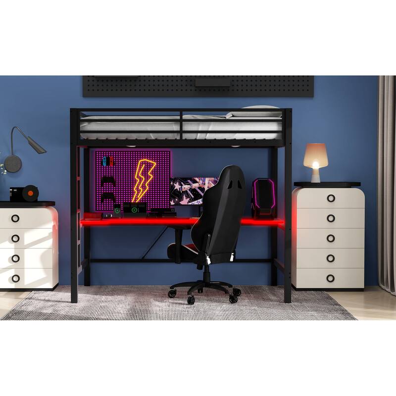 Twin Size Gaming Metal Loft Bed Frame with LED Light, USB Charge Station and Desk