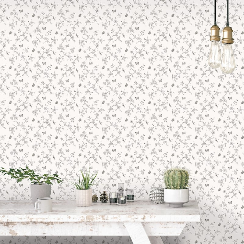 Galerie Wallcoverings Miniatures 3 Tiny Trellis Flowers With Butterflies and Dragonflies Vinyl on Non-woven Matte Wallpaper Roll