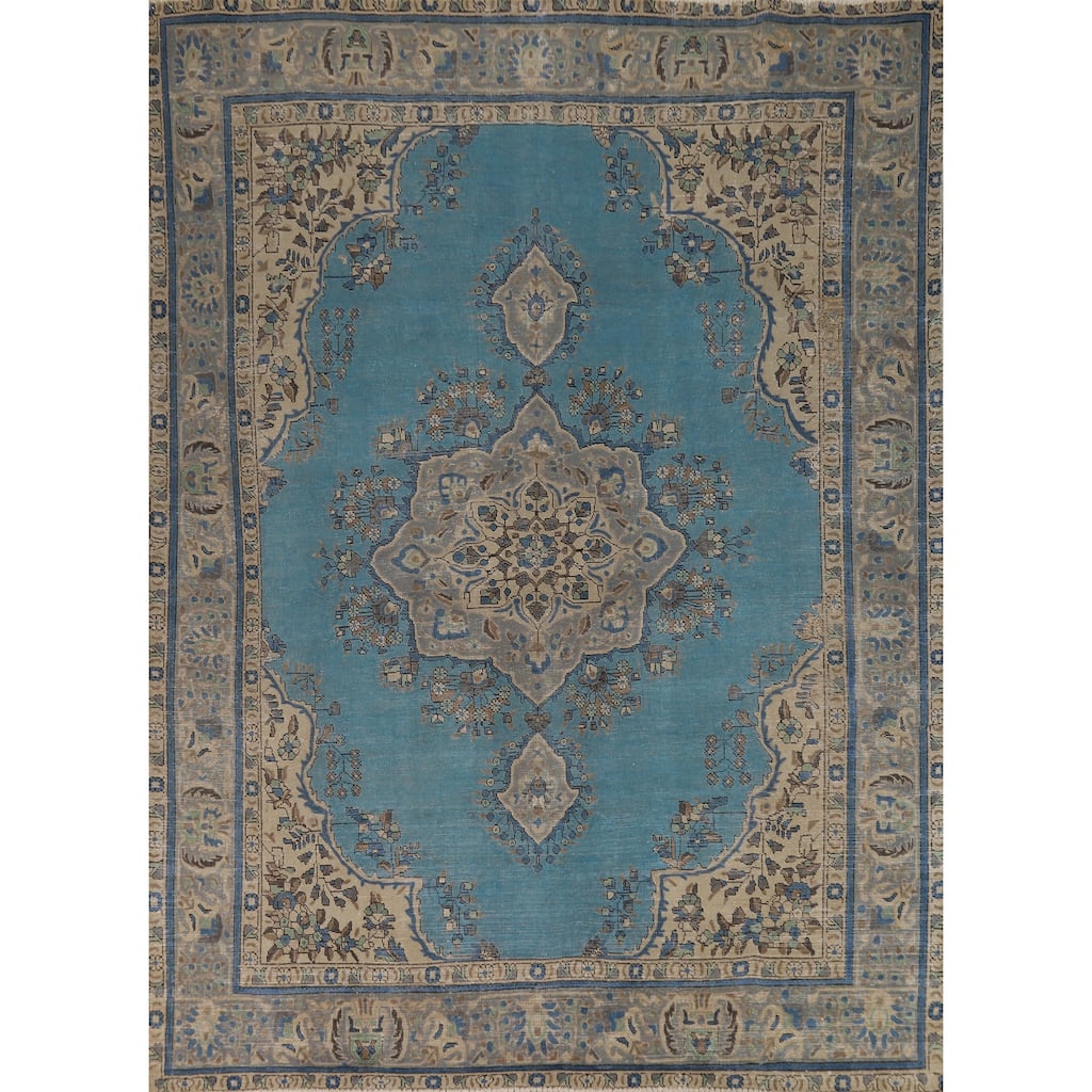 Blue Geometric Tabriz Persian Area Rug Oriental Handmade Wool Carpet - 8'5"x 10'11"