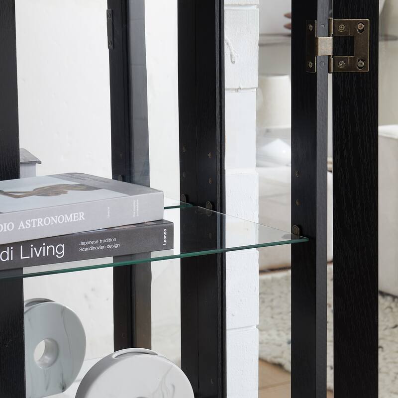 GDFStudio - Traditional Storage Lighted Curio Display Cabinet with Glass Doors and Drawer