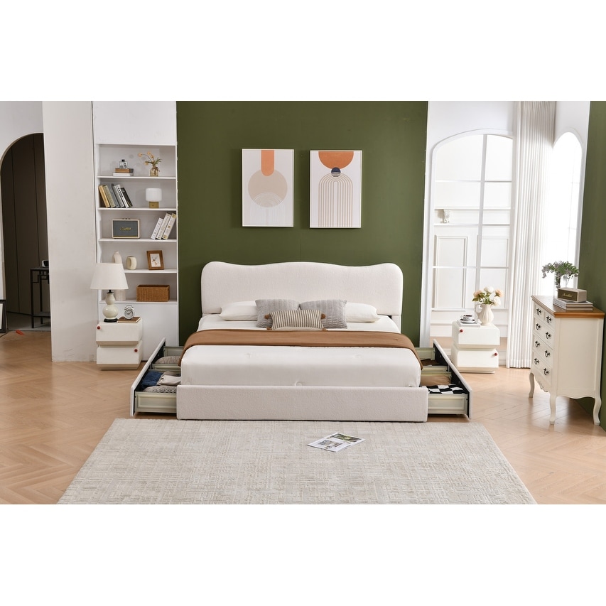 Cream White Boucle Upholstered Platform Storage Bed