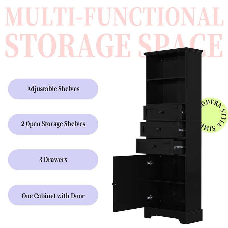 Tall Storage Cabinet with 3 Drawers & Adjustable Shelves for Bathroom