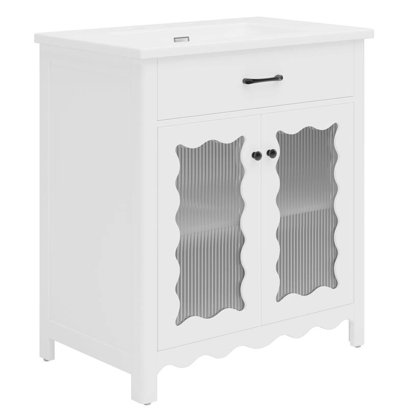 31" Bathroom Vanity with Tempered Glass - Modern Cabinet with Rubber Wood Legs and Soft-Close Doors