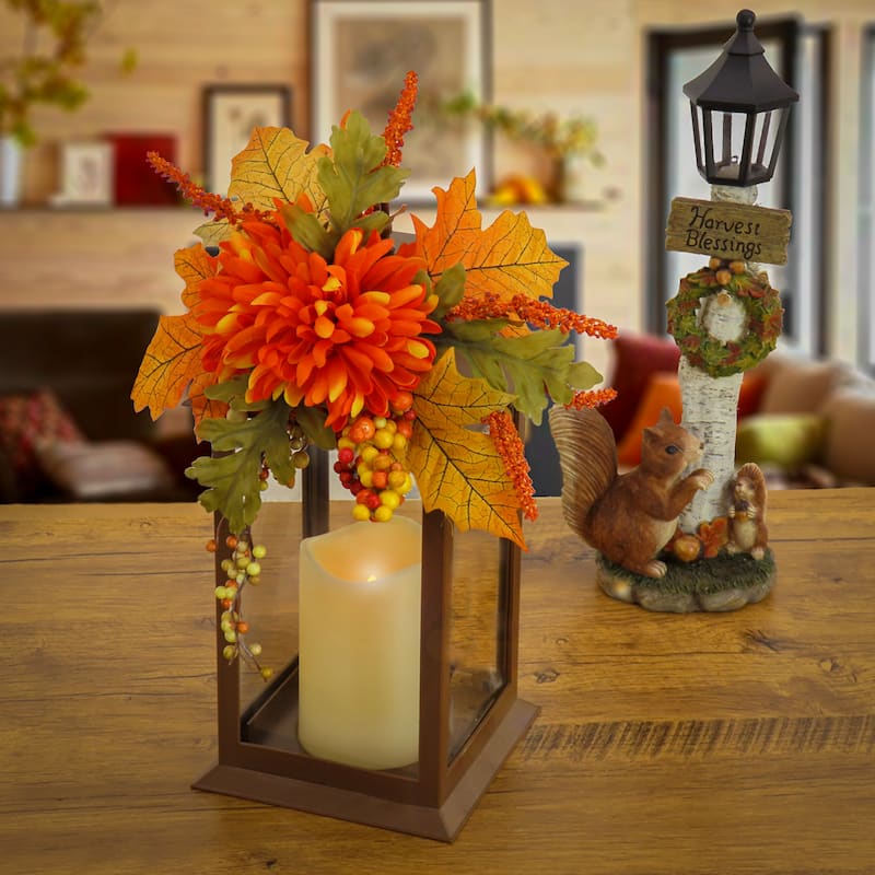 National Tree Company 14 in. Mum Flower and Berries Decorated Harvest Lantern - 14 in
