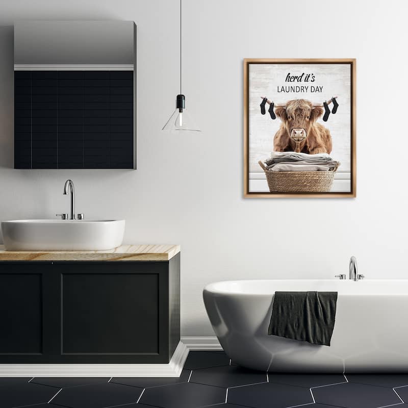 Stupell Laundry Cattle with Hanging Socks Framed Floater Canvas Wall Art Design By Lettered and Lined
