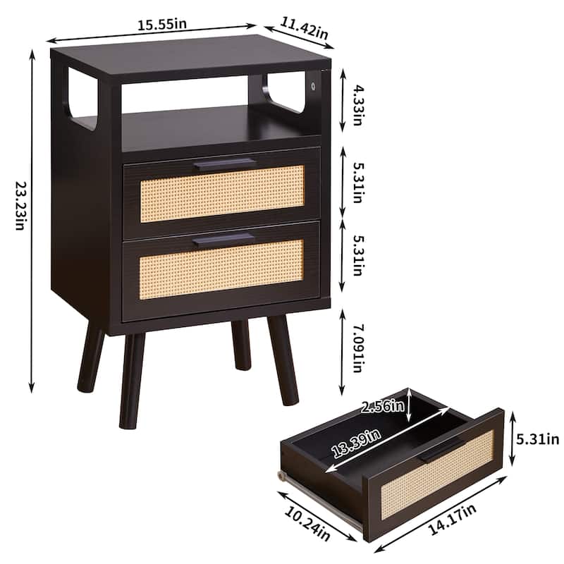 Set of 2 with 2 Drawers, 15.4" Modern Storage Bedside Table with Golden Metal Handles, Wooden End Table for Bedroom