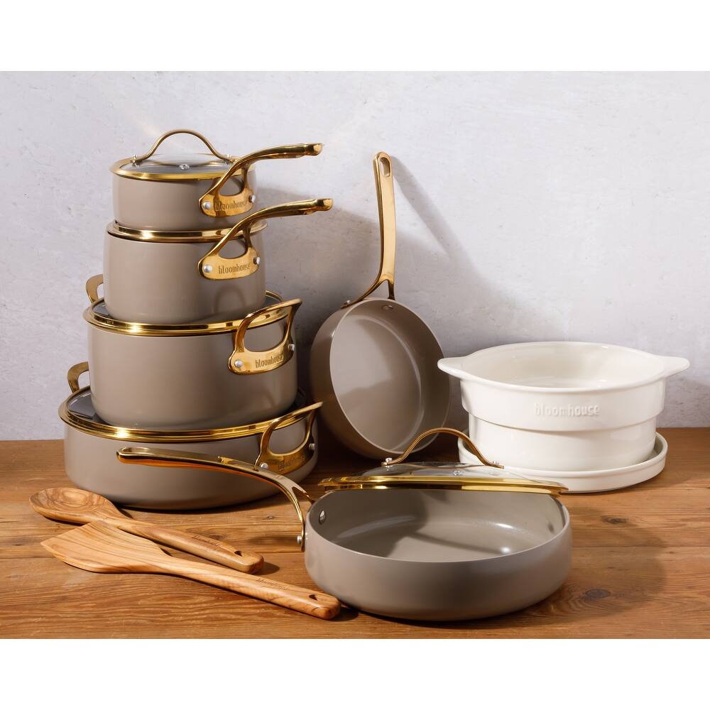 Bloomhouse Pots and Pans Heavy Duty Aluminum Premium PFA Free Ceramic Nonstick - Cappucino Cream with Gold Handle