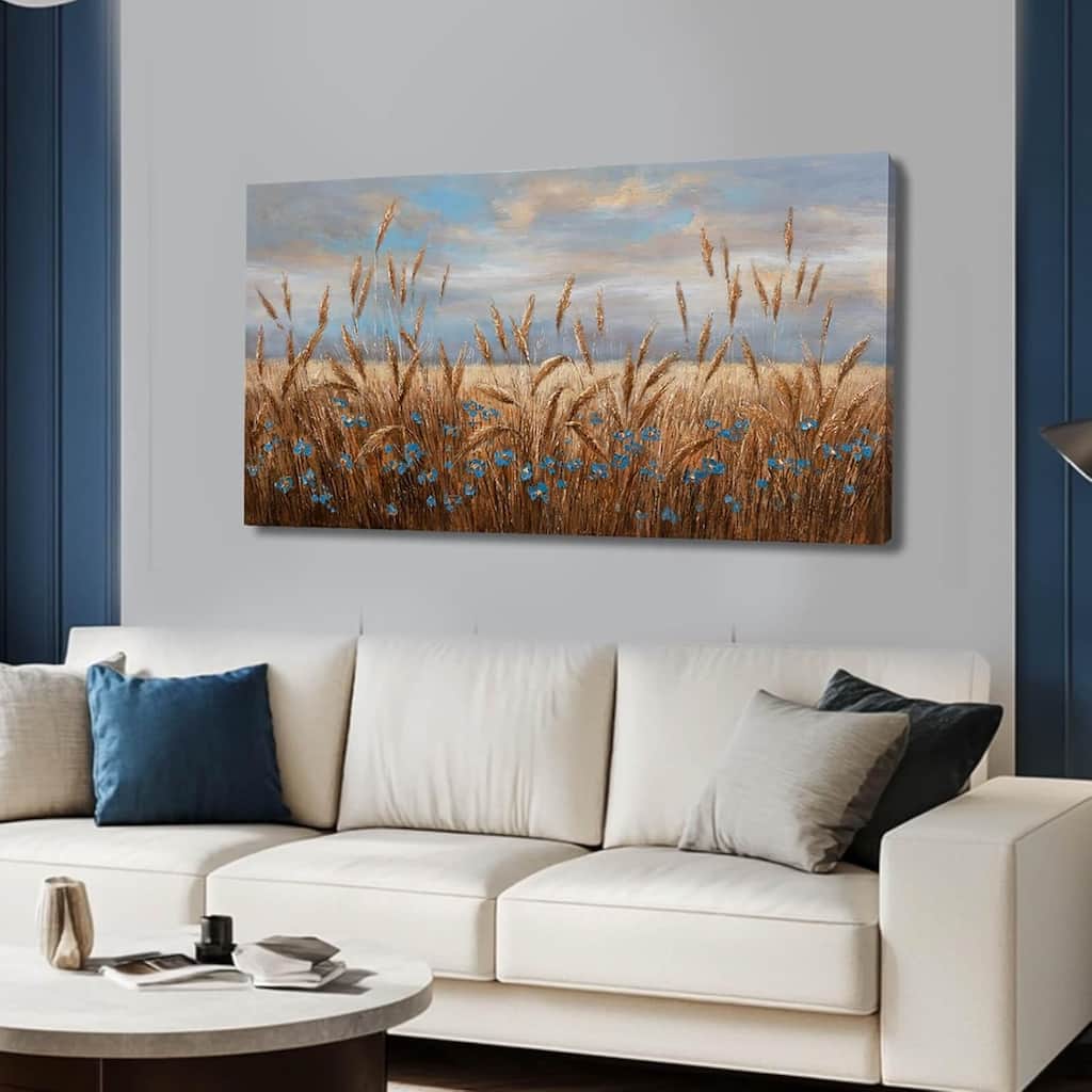 Flowers Wall Art Gold Cornfield Artwork Blue Sky Landscape
