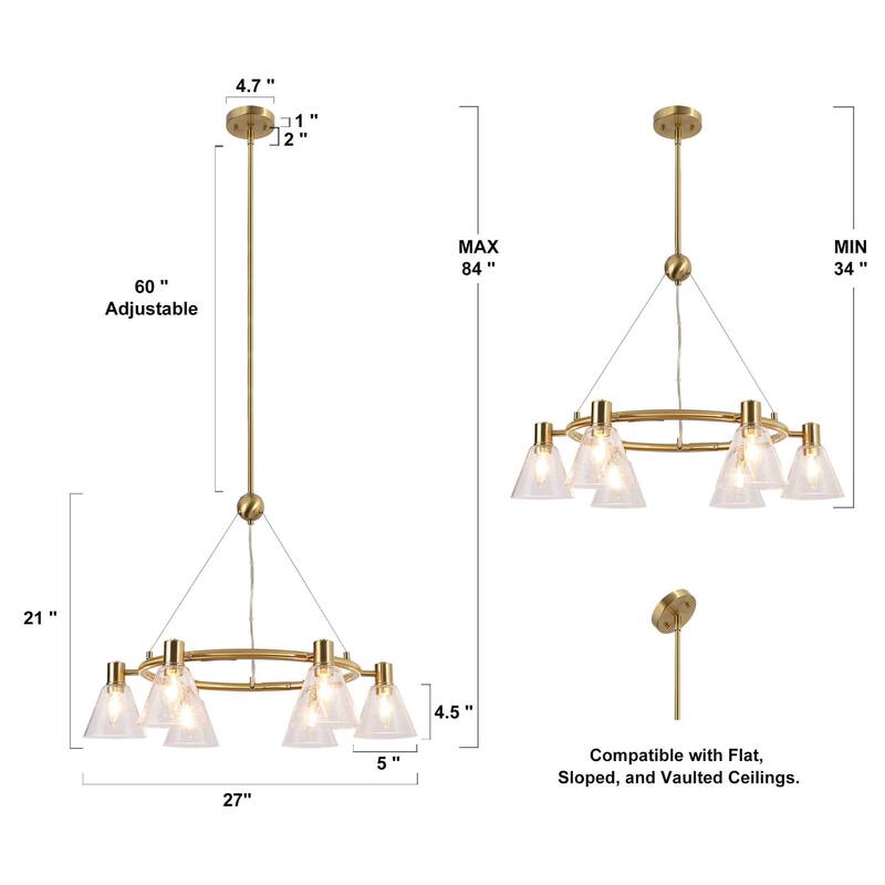 Veyra Modern 6-Light Gold Wagon Wheel Chandelier with Seeded Glass Shades - Brushed Electroplated Copper - Dia.27"xH21"