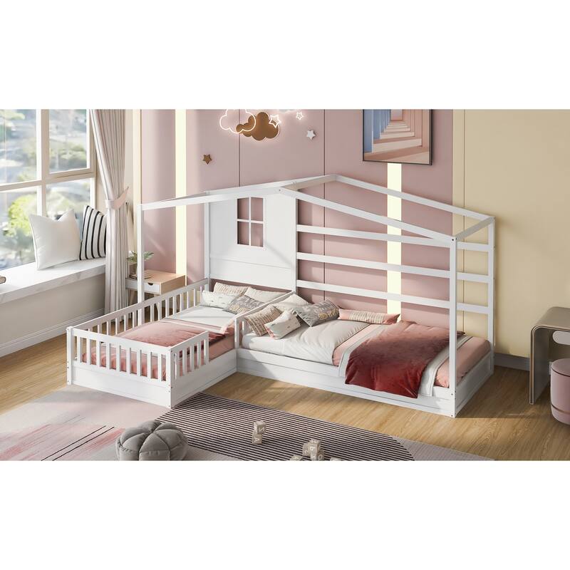 L-Shaped Twin Size House Platform Bed, 2 Twin Solid Bed
