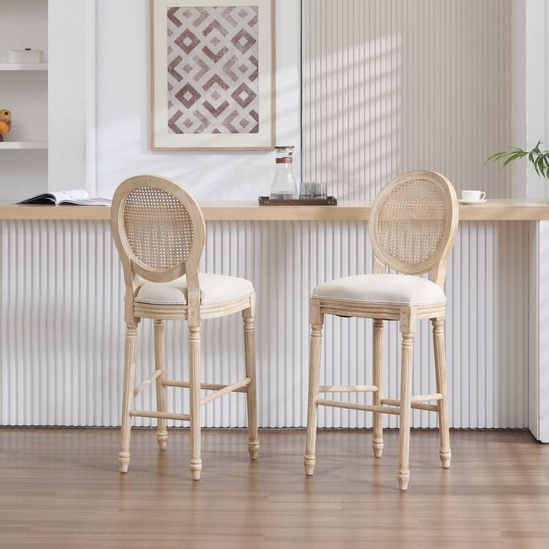 GDFStudio - Classic Louis French Country Upholstered Bar Height Dining Chairs Set with Rattan Backrest, Set of 2