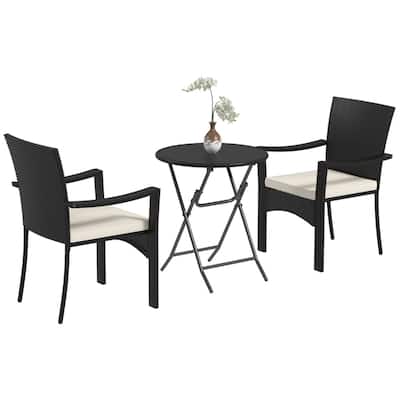 Outdoor 3-Piece Patio Bistro Set with Folding Table and Woven PE Rattan Chairs Included Cushions - 25.6" W x 23.2" D x 35" H