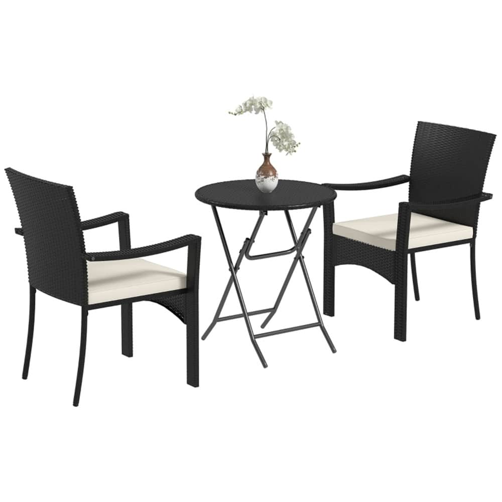 Outdoor 3-Piece Patio Bistro Set with Folding Table and Woven PE Rattan Chairs Included Cushions - 25.6" W x 23.2" D x 35" H
