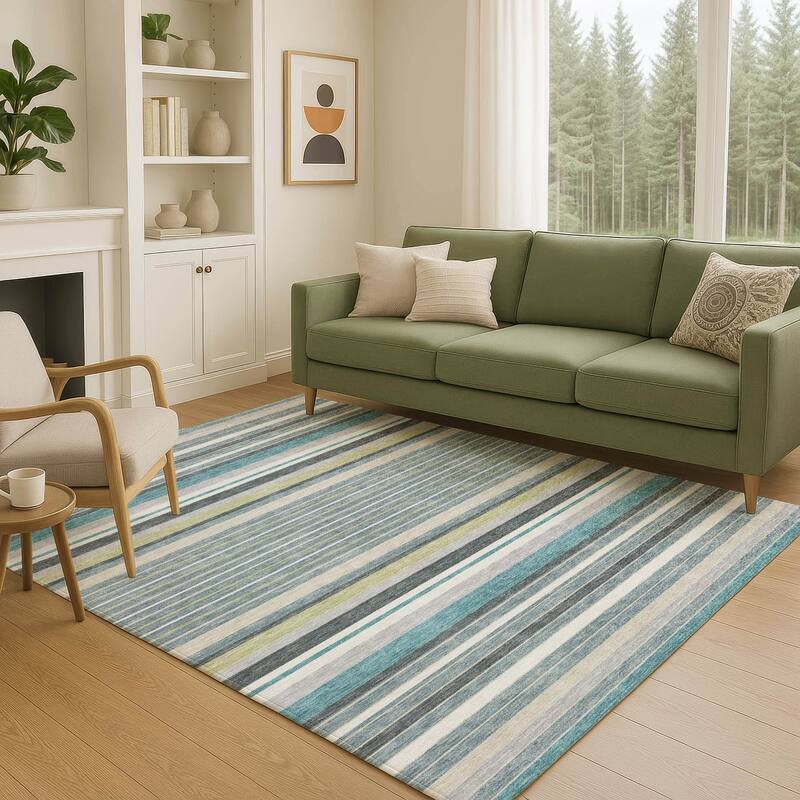 Machine Washable Indoor/ Outdoor Modern Stripes Chantille Rug