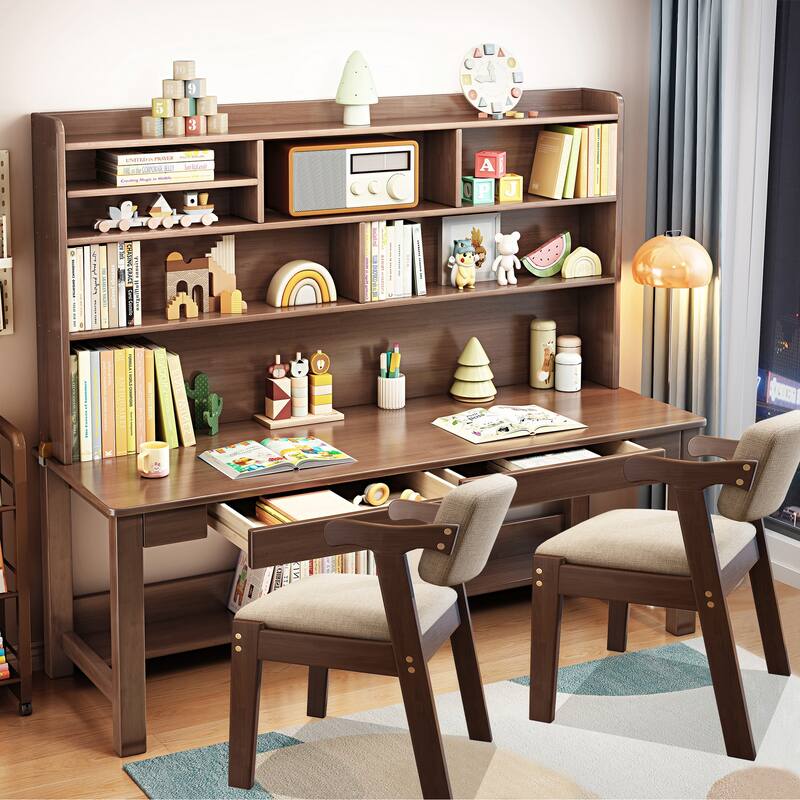 Kids Writing Desk with Chair, Student Study Desk and Bookshelf Set - Brown