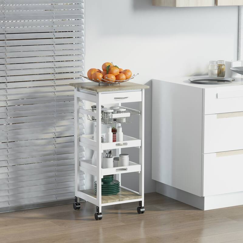 Mobile Kitchen Cart, Rolling Kitchen Island with Storage, Solid Wood Frame Utility Cart with Wire Fruit Baskets, Trays